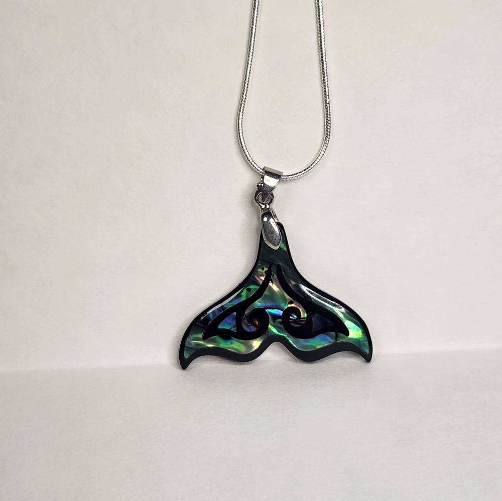 Elegant Silver and Abalone Whale Tail Pendant Necklace